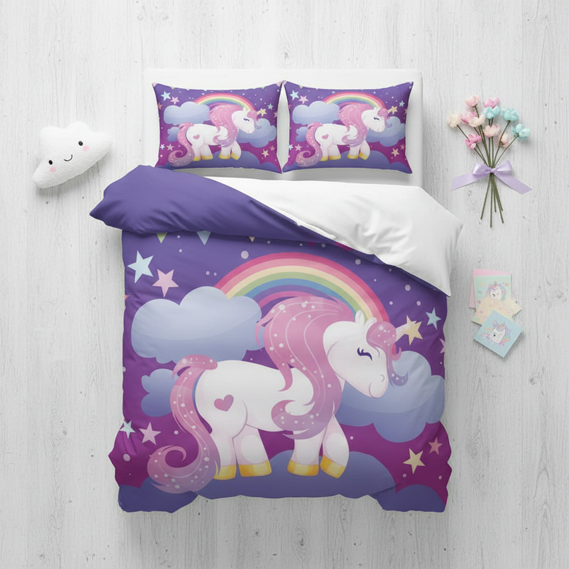 purple twin unicorn bedding - flat-lay