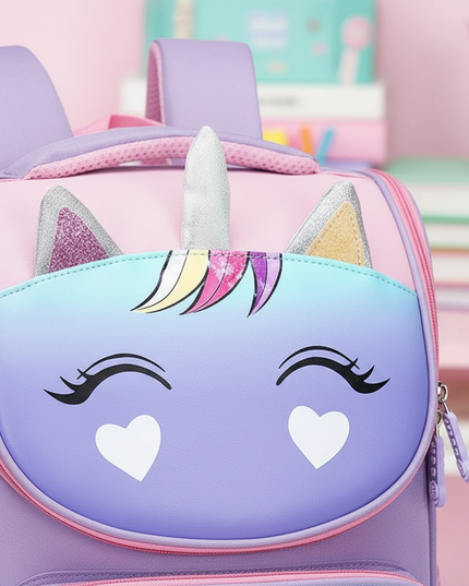 purple unicorn 3d school backpack - detail