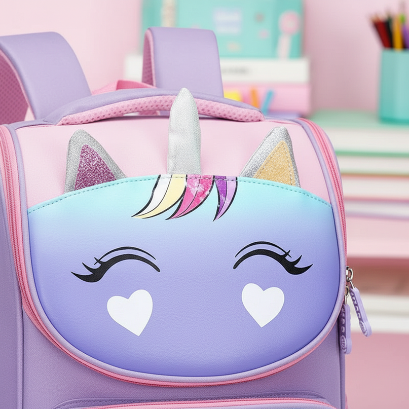 purple unicorn 3d school backpack - detail