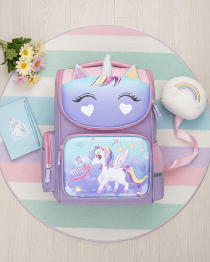 purple unicorn 3d school backpack - flat-lay