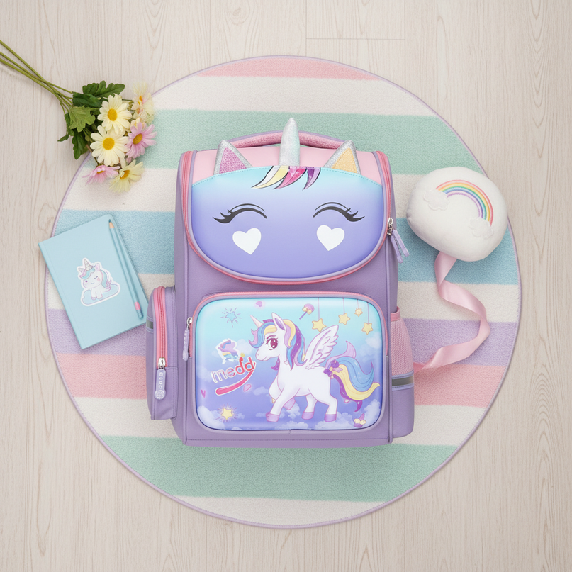 purple unicorn 3d school backpack - flat-lay