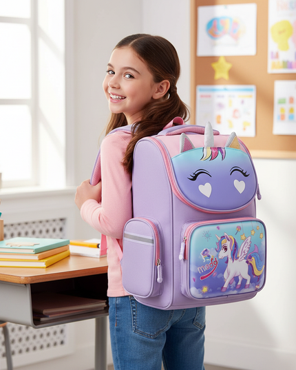 purple unicorn 3d school backpack - in-use