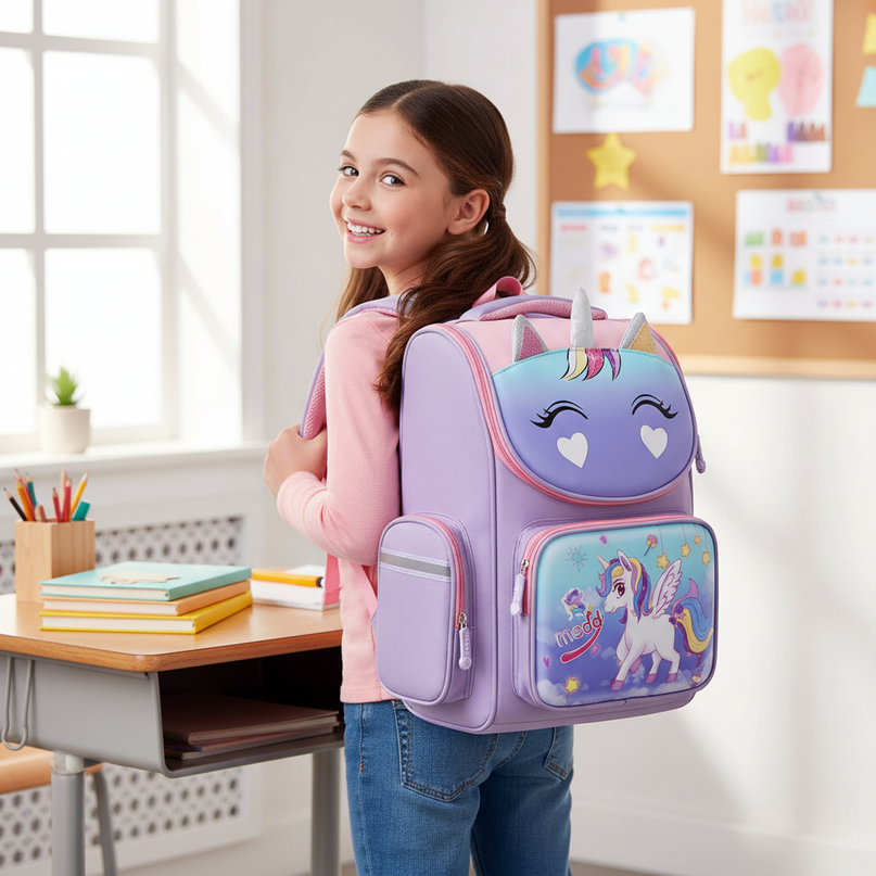 purple unicorn 3d school backpack - in-use