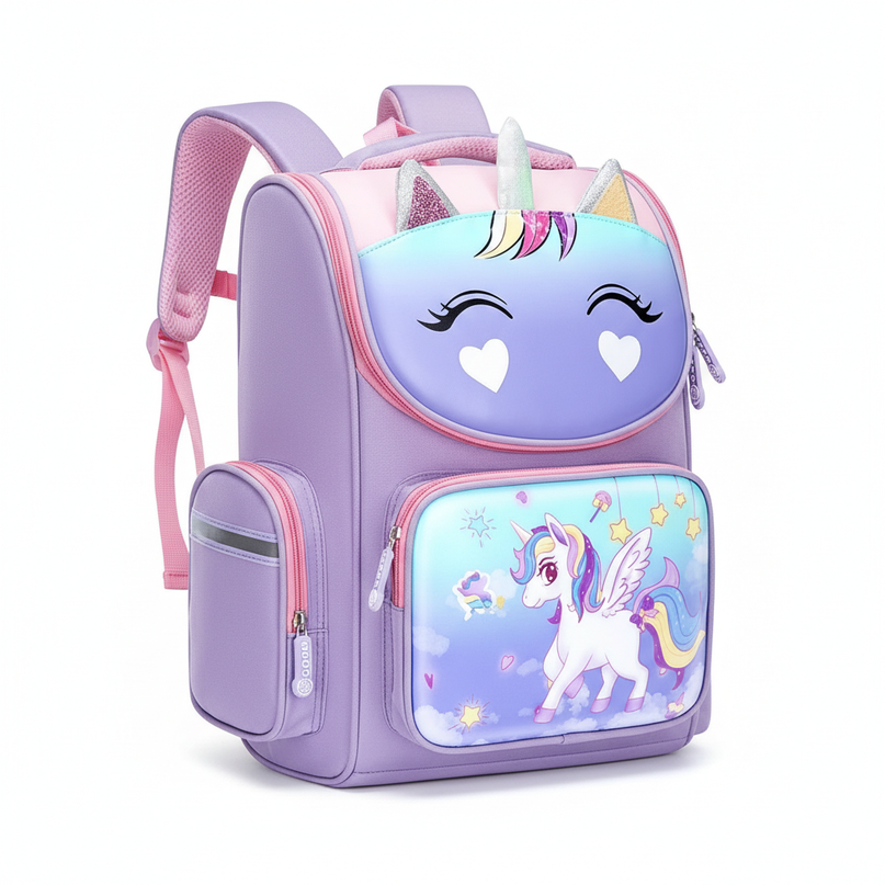 purple unicorn 3d school backpack - white-bg