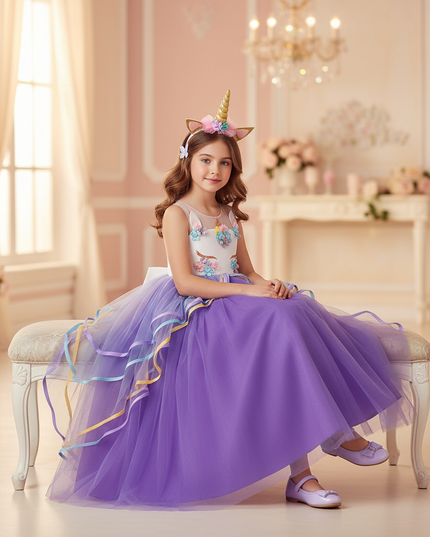 purple unicorn applique dress headband - sitting