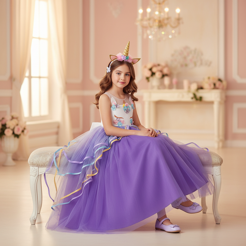 purple unicorn applique dress headband - sitting