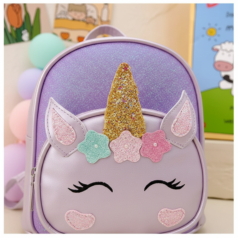 purple unicorn backpack - detail