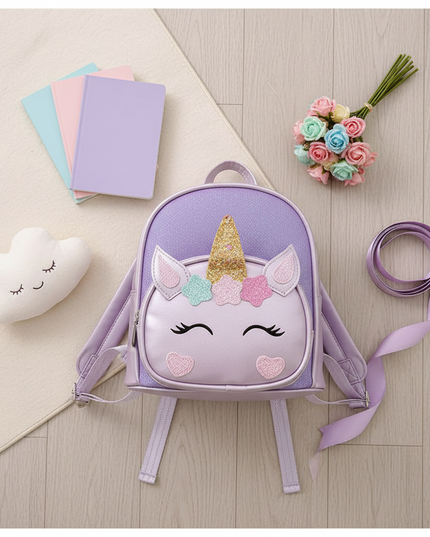 purple unicorn backpack - flat-lay