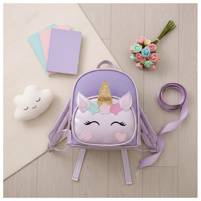 purple unicorn backpack - flat-lay