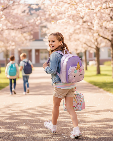 purple unicorn backpack - in-use