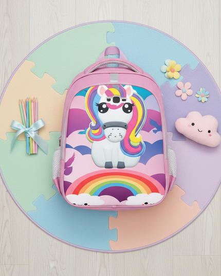 purple unicorn backpack school - flat-lay