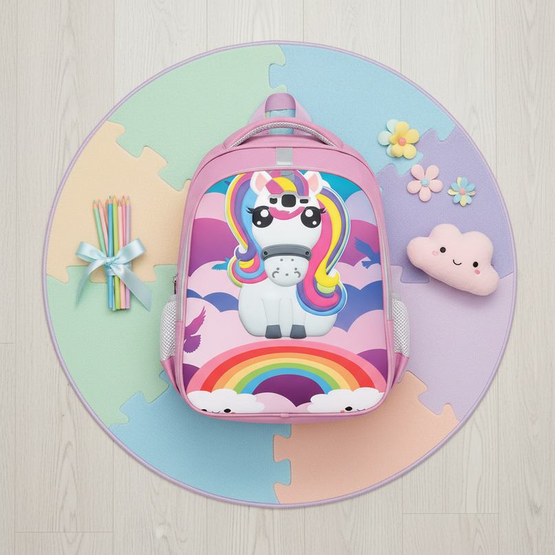 purple unicorn backpack school - flat-lay