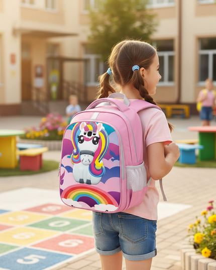 purple unicorn backpack school - in-use
