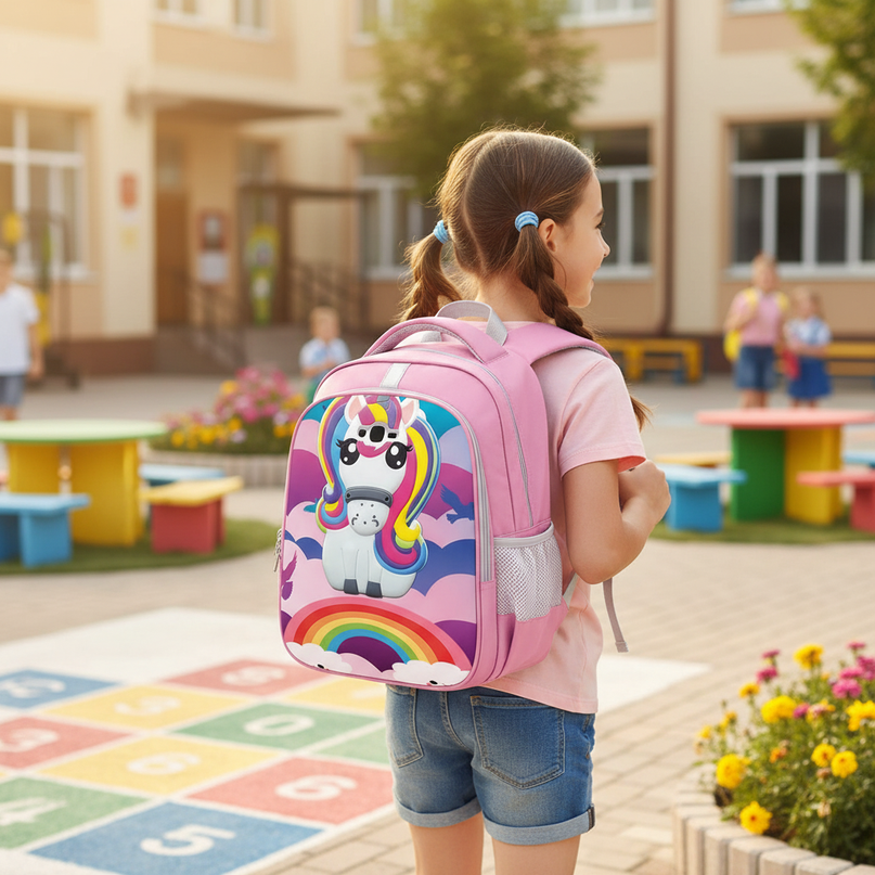 purple unicorn backpack school - in-use