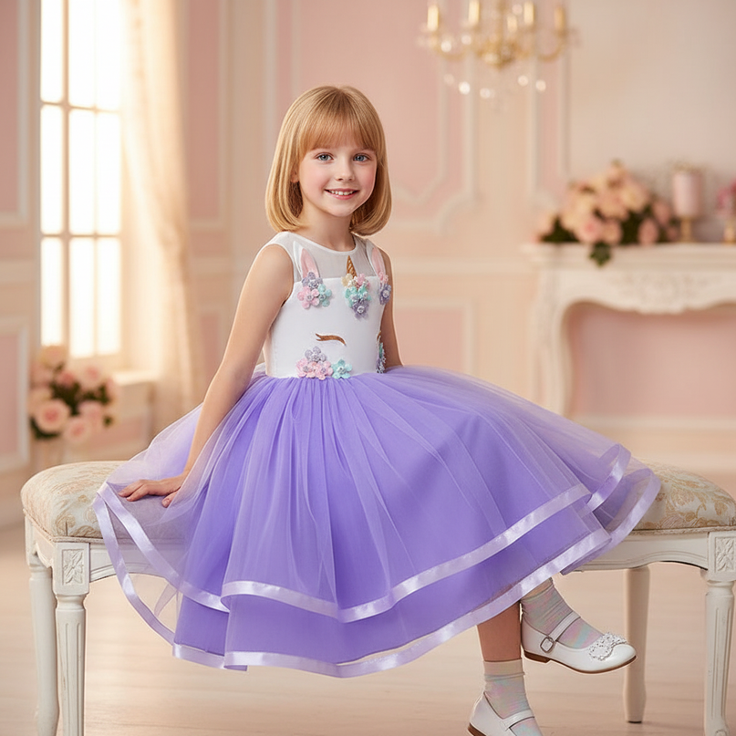 purple unicorn ball gown dress - sitting