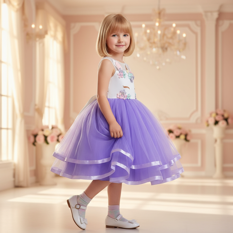 purple unicorn ball gown dress - three-quarter