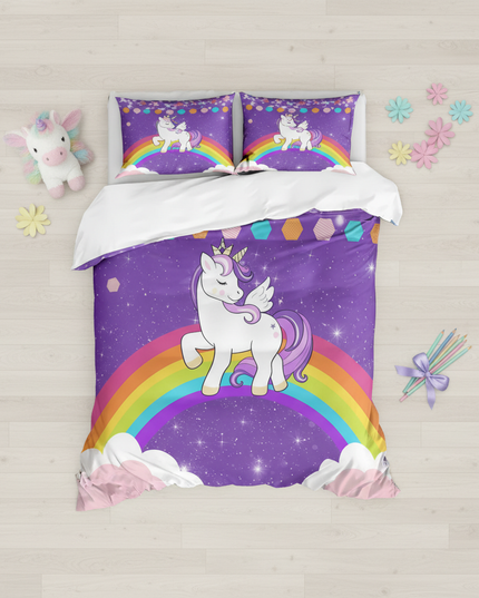 purple unicorn bedding - flat-lay