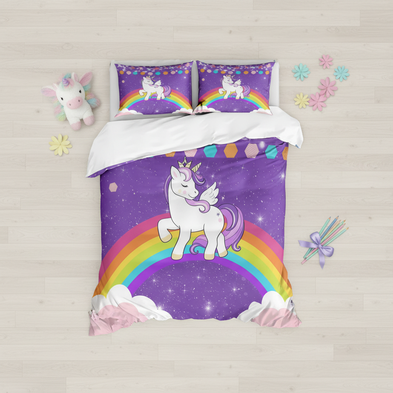purple unicorn bedding - flat-lay