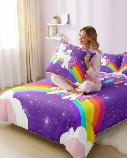 purple unicorn bedding - in-use