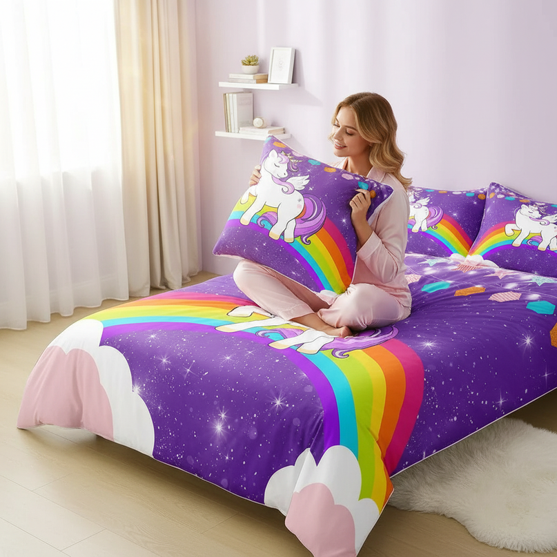 purple unicorn bedding - in-use