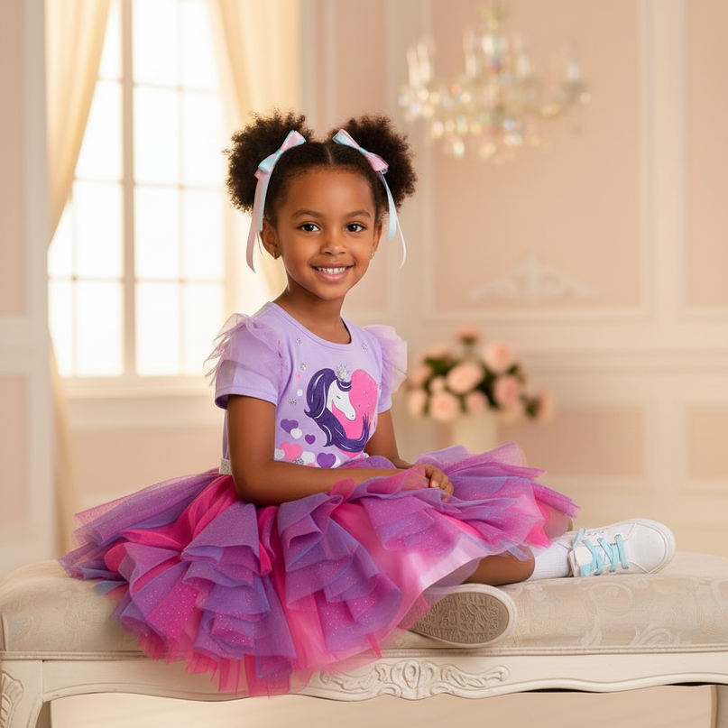 purple unicorn birthday party dress - sitting