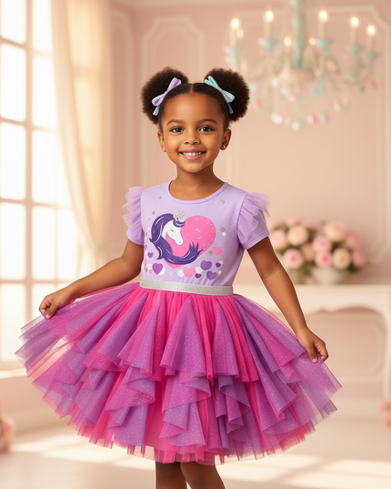 purple unicorn birthday party dress - three-quarter