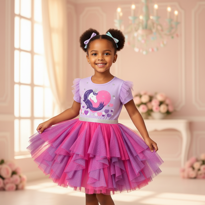 purple unicorn birthday party dress - three-quarter