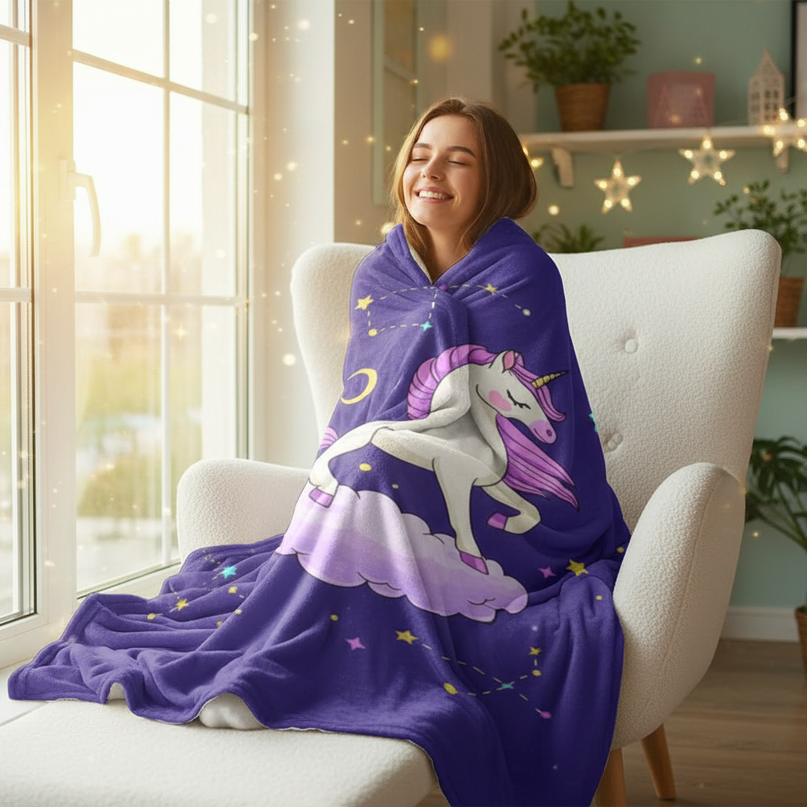 purple unicorn blanket - in-use