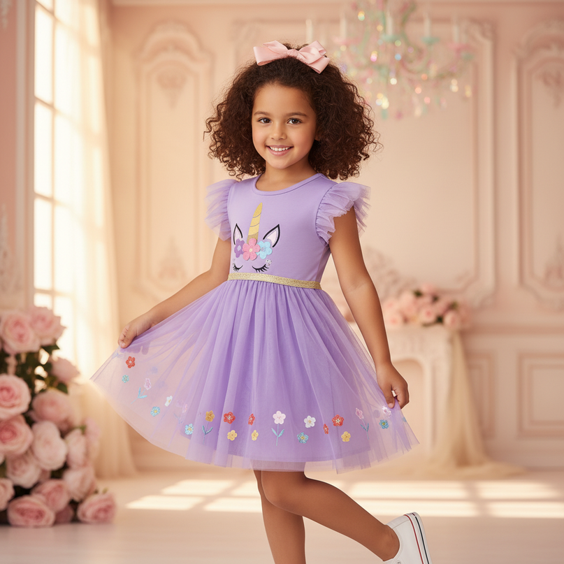 purple unicorn cap sleeve tutu dress - front