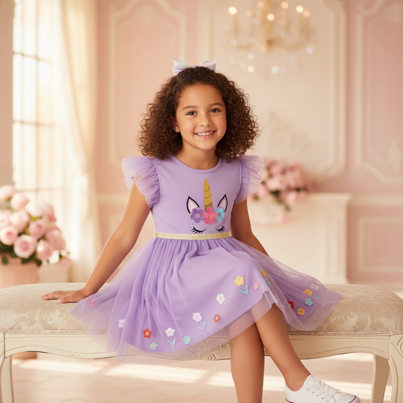 purple unicorn cap sleeve tutu dress - sitting