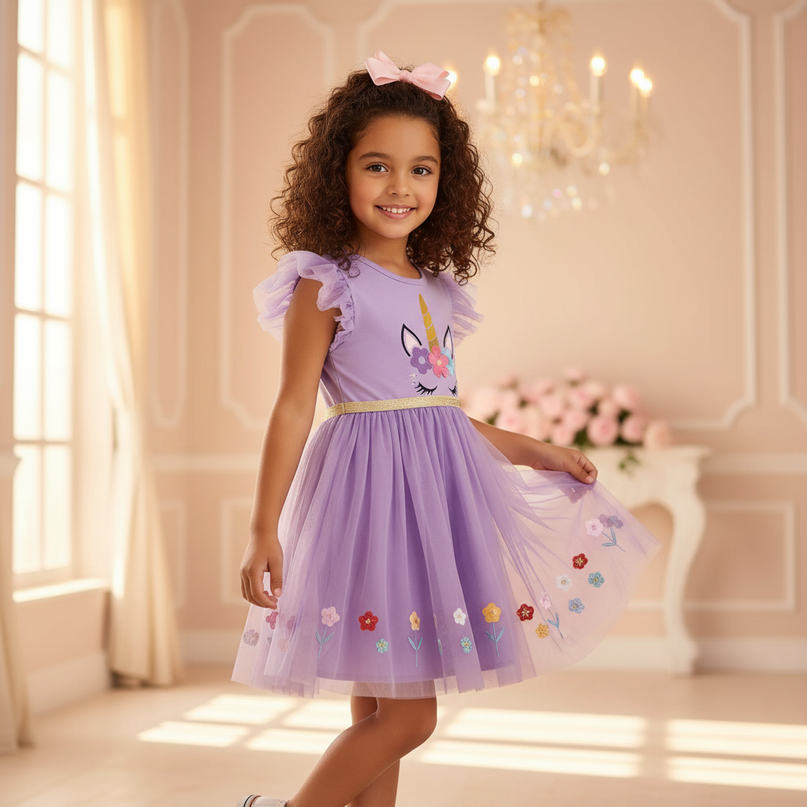 purple unicorn cap sleeve tutu dress - three-quarter