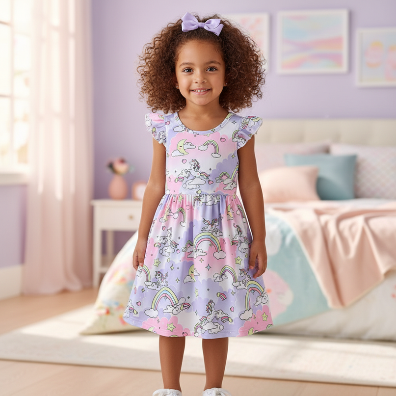 purple unicorn cartoon dress - detail