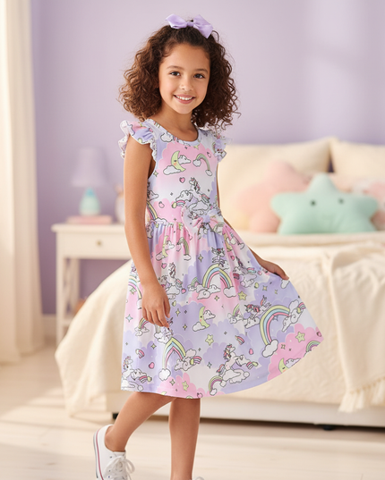 purple unicorn cartoon dress - three-quarter