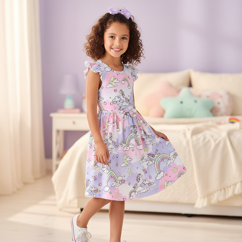 purple unicorn cartoon dress - three-quarter
