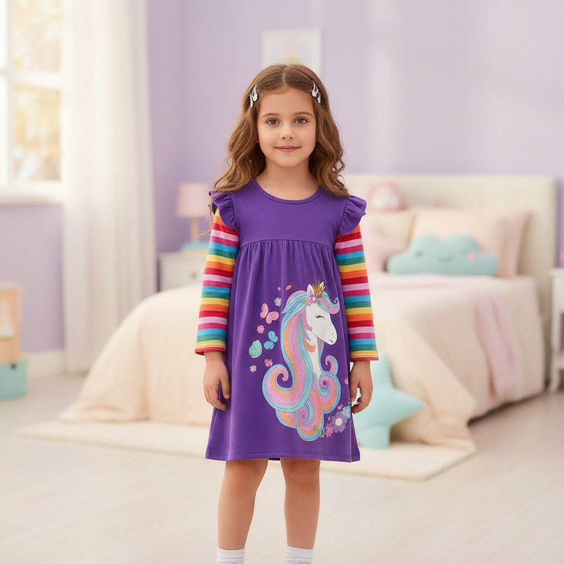 purple unicorn casual cotton dress - detail