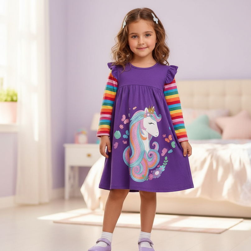 purple unicorn casual cotton dress - front