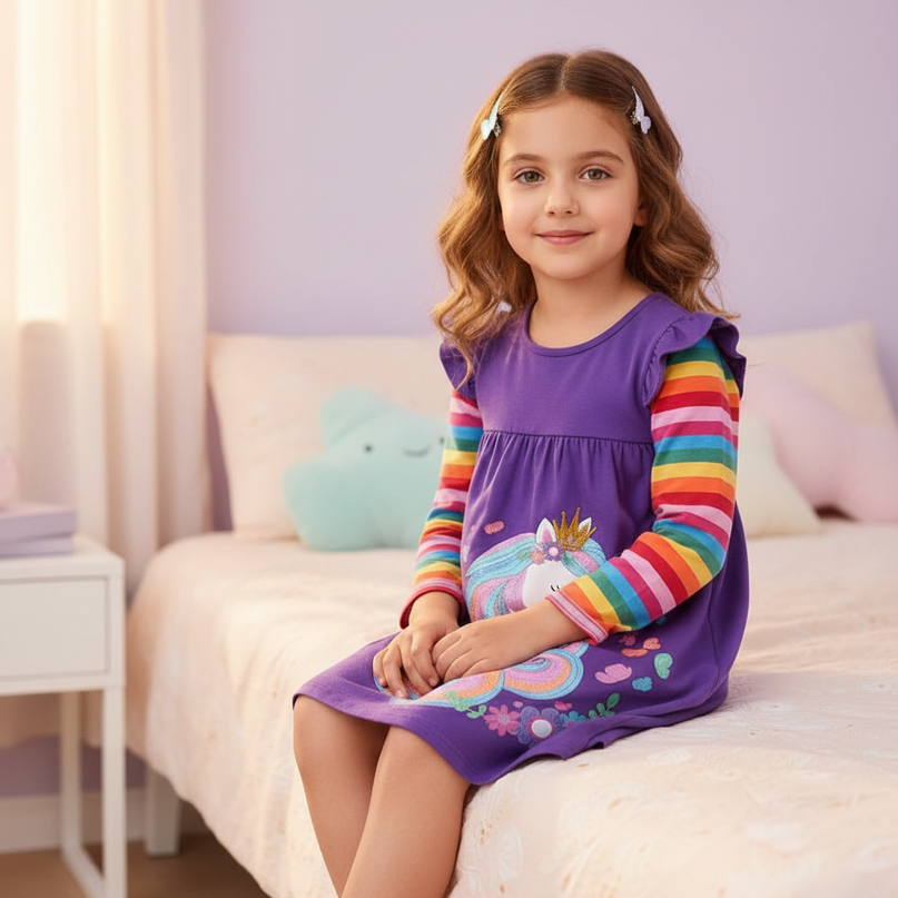purple unicorn casual cotton dress - sitting