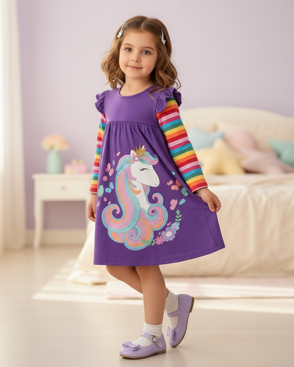 purple unicorn casual cotton dress - three-quarter