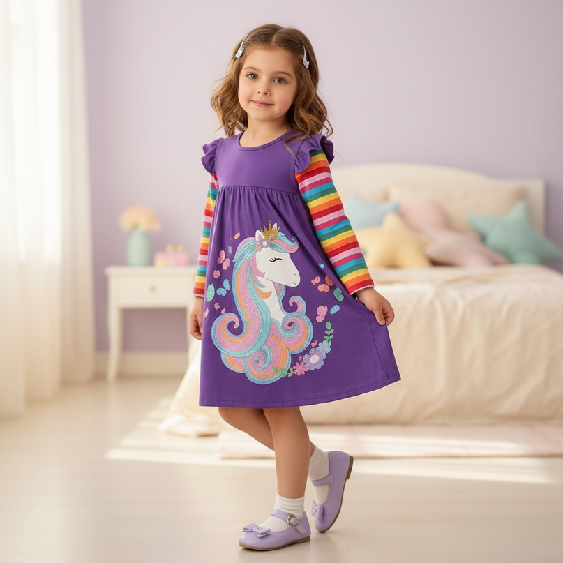 purple unicorn casual cotton dress - three-quarter