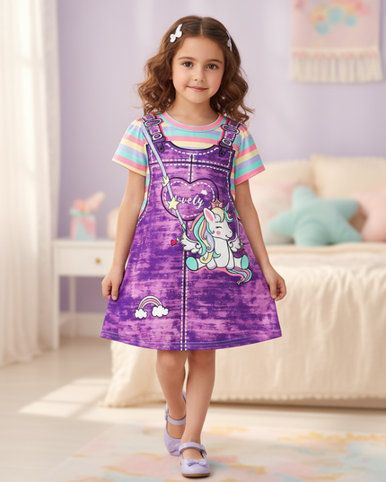 purple unicorn casual dress girls - front