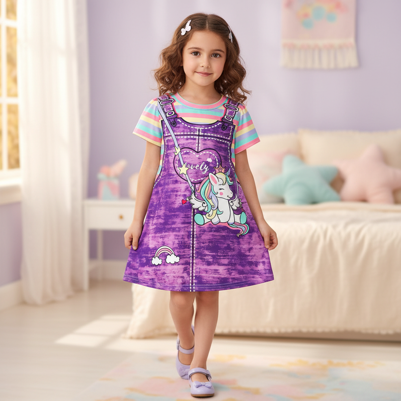 purple unicorn casual dress girls - front