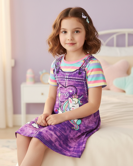 purple unicorn casual dress girls - sitting