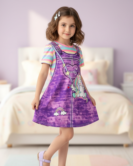 purple unicorn casual dress girls - three-quarter