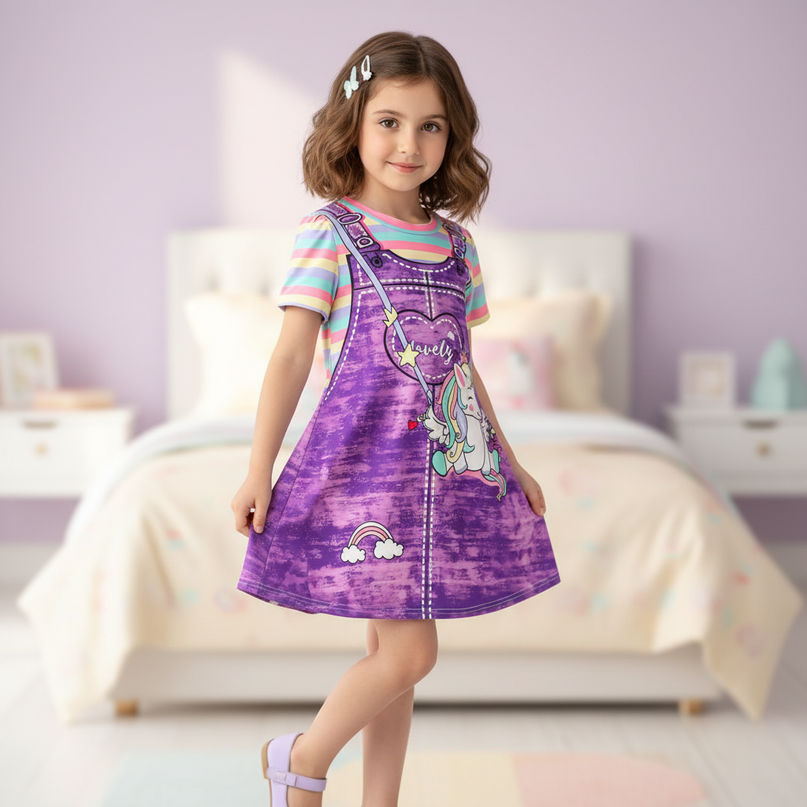purple unicorn casual dress girls - three-quarter