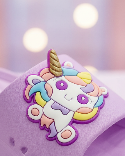 purple unicorn charm slippers - detail