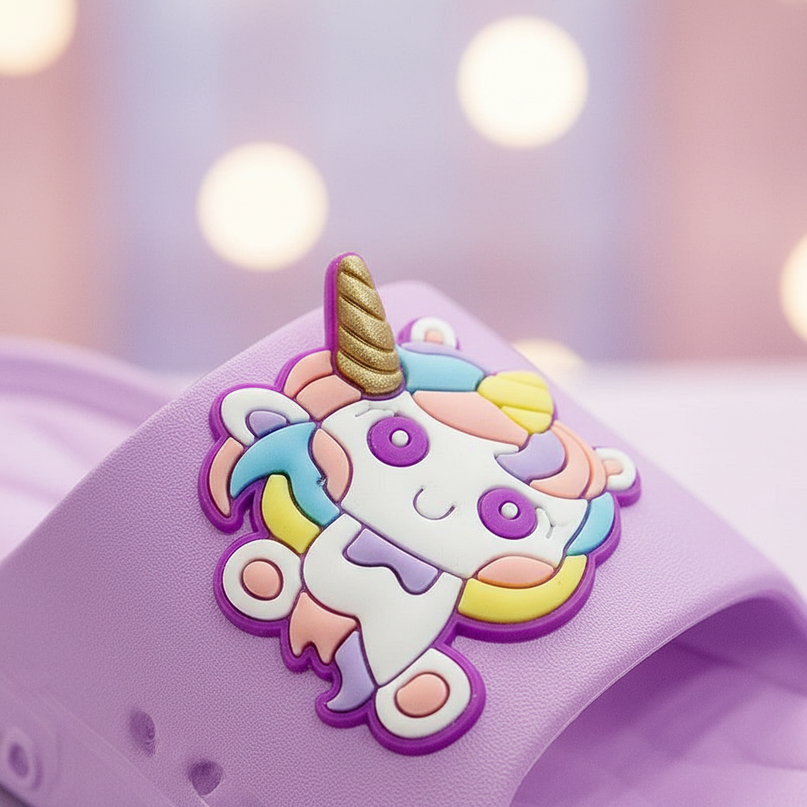 purple unicorn charm slippers - detail