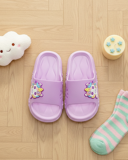 purple unicorn charm slippers - flat-lay