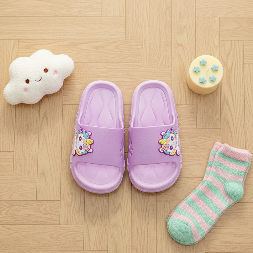 purple unicorn charm slippers - flat-lay