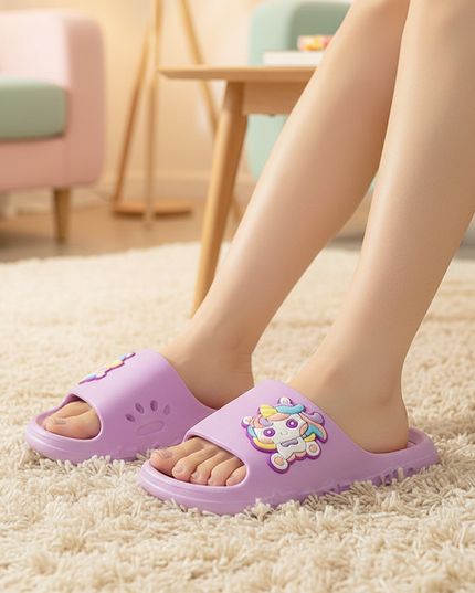purple unicorn charm slippers - in-use