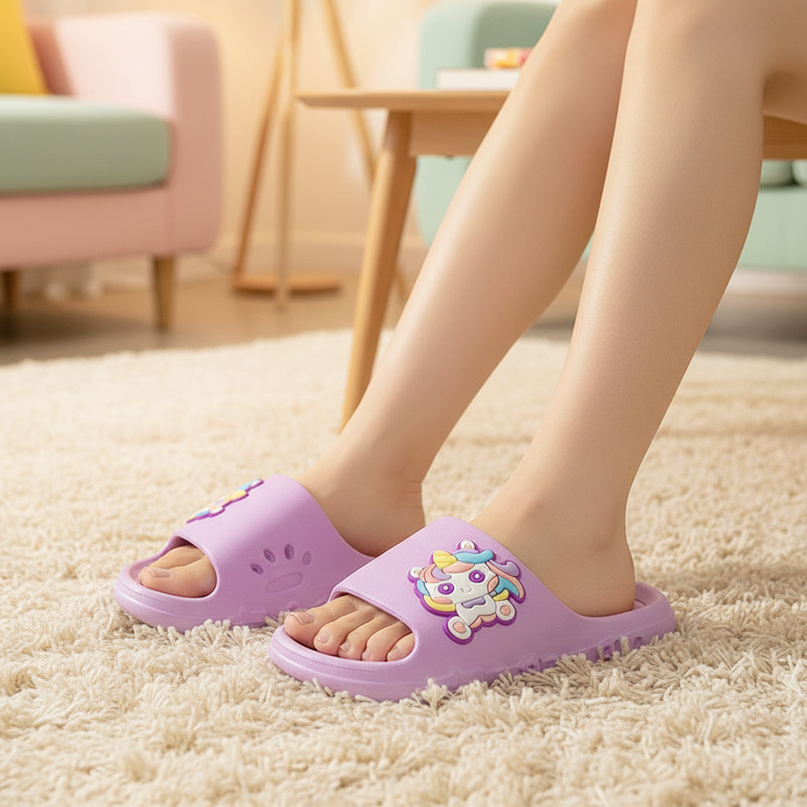 purple unicorn charm slippers - in-use
